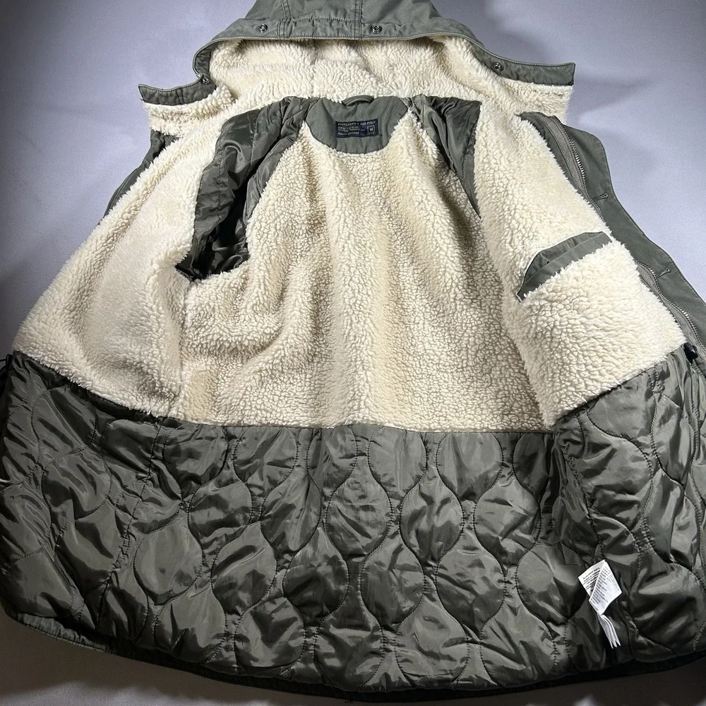 Abercrombie & Fitch Sherpa Lined Military Parka Olive Green Hooded Mens M - Picture 5 of 11